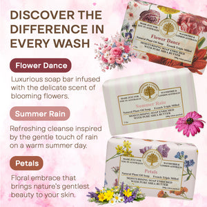Flower Dance Trio – Premium Gift Soap Set (3 x 7oz Bars) – Floral Scented, Triple-Milled Natural Bath Soaps with Shea Butter