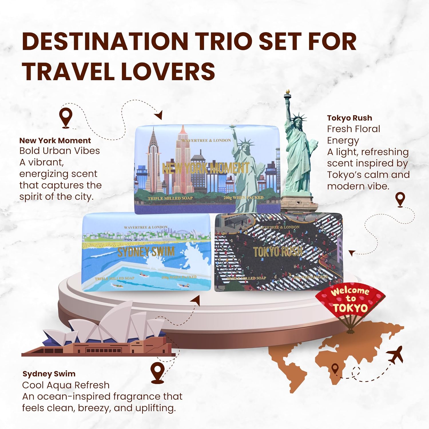 Scents of Adventure Soap Trio Gift Set (Set of 3) – Travel-Inspired Scented Natural Soap Bars for Women & Men