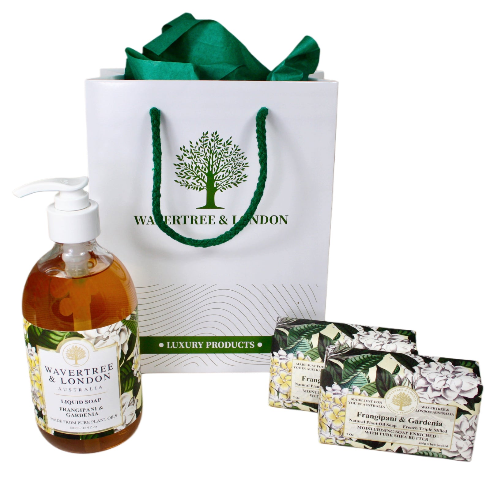 Wavertree Frangipani & Gardenia Scented Gentle Care Gift Set - Liquid soap, soap bars (2) and gift bag